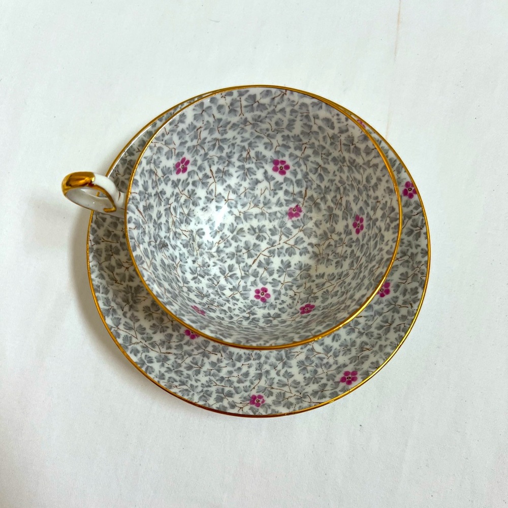 Old Royal Tea Cup and Saucer Gray Pink Chintz Blossom Bone China England #2972 - Picture 2 of 10